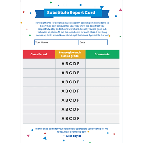 Substitute Report Card