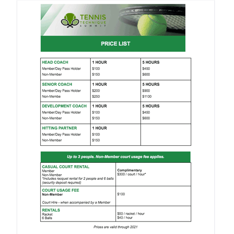 Tennis Class Price List