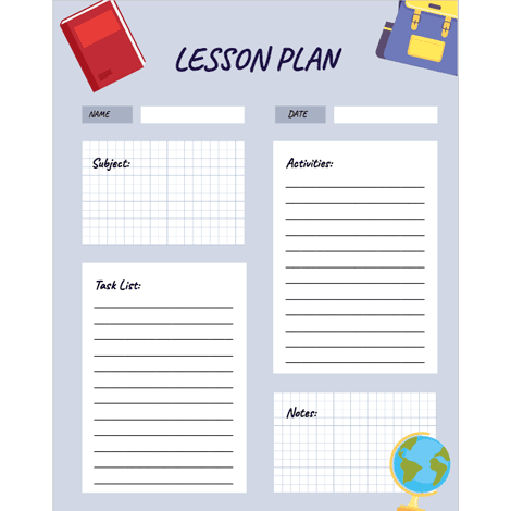 Lesson Plan with Subject, Activities, Task List and Notes