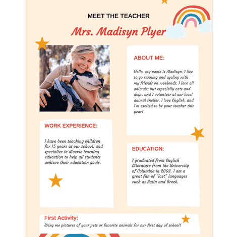 Primary School Meet the Teacher Rainbow Stars Page