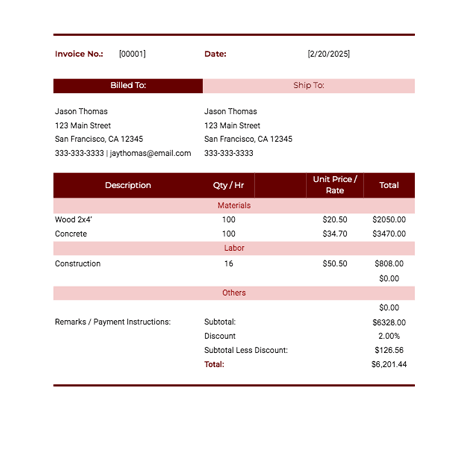 Construction Invoice in Google Docs