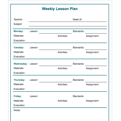 Basic Weekly Lesson Plan Overview