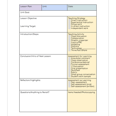 Color-coded Checklist with Lesson Plan