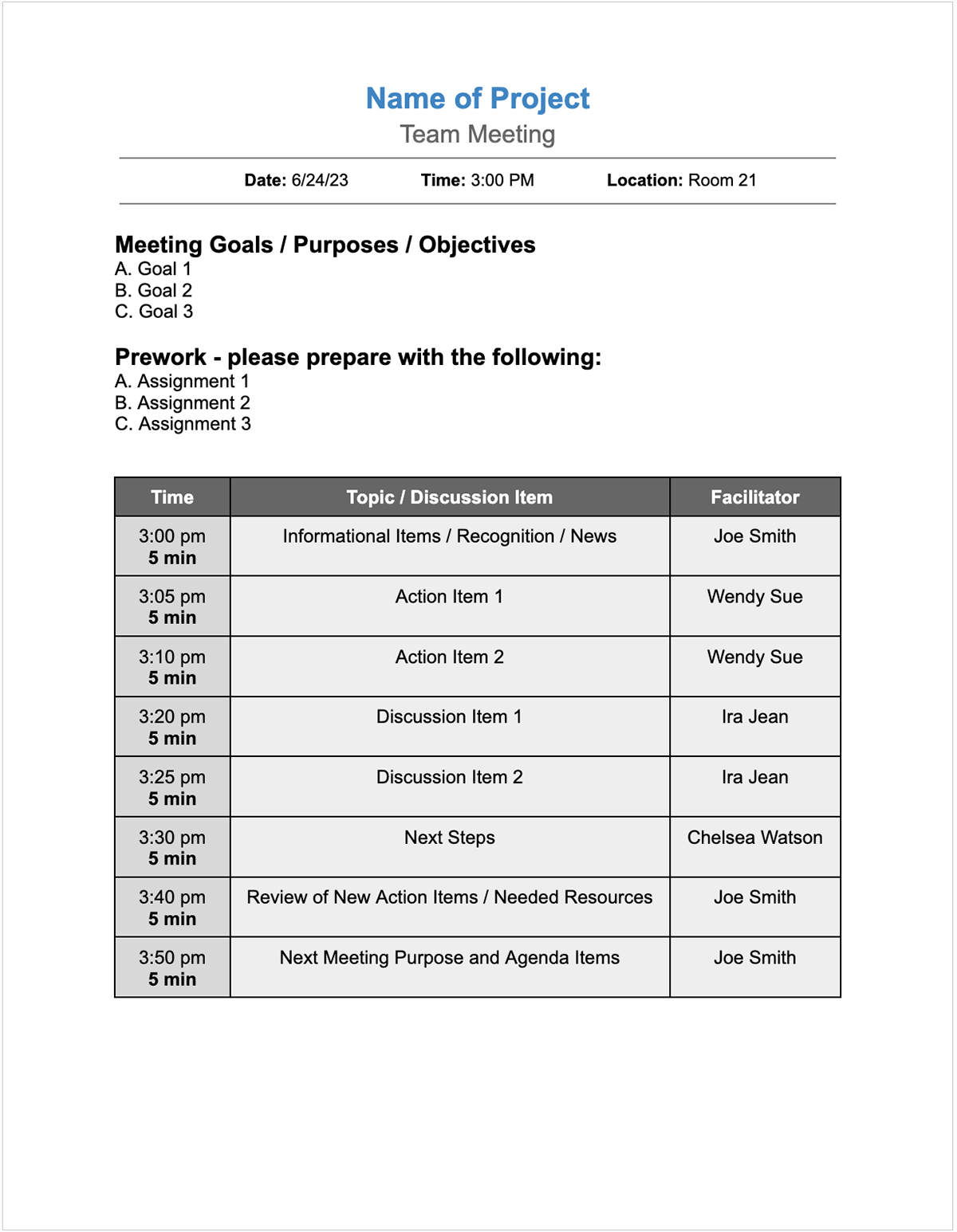 Meeting Agenda Time Table